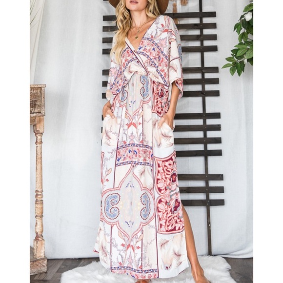 Multi Stripe Floral Print V-Neck Dolman Sleeves Maxi Dress with Side… - Picture 7 of 16